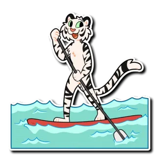 🏄‍♂️ tygrys, paddleboarding, sporty wodne, kreskówka, zwierzę, ilustracja telegram sticker