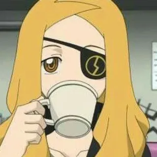 🌟 Marie Mjolnir Soul Eater anime, woman, eyepatch, coffee, teacher whatsapp sticker