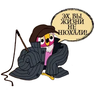 😤 ЭХ, ВЫ, ЖИЗНИ НЕ НЮХАЛИ! coruja, desenho animado, russo, casaco, chapéu, frase russa telegram sticker
