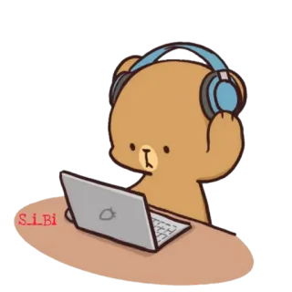 🎧 orso, laptop, cuffie, computer, scrivania, carino telegram sticker