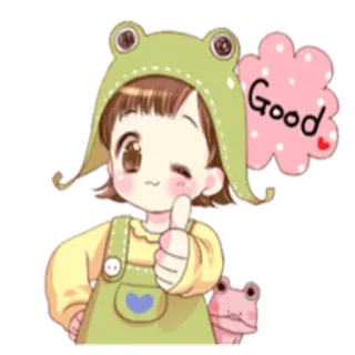 👍 Good dibujos animados, chica, sombrero de rana, lindo, pulgar arriba, bien, positivo telegram sticker