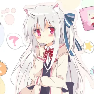 ❓ Anime Mädchen, Katzenohren, Kawaii, Süß, Weiße Haare, Rosa Augen telegram sticker