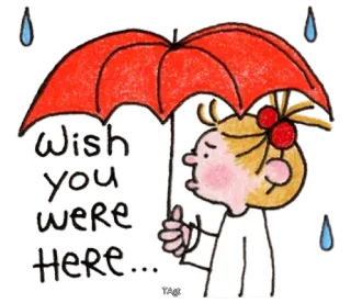 😔 Wish you were here... tenho saudades, triste, guarda-chuva, chuva, fofo, desenho animado whatsapp sticker