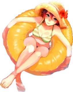 🙃 Fille anime, Été, Plage, Chapeau, Maillot de bain, Piscine, Flottant, Détente whatsapp sticker