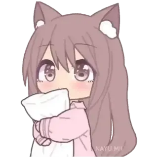 💗 NAYU.MII anime, girl, cute, kawaii, chibi, cat ears, pillow, sleepy telegram sticker