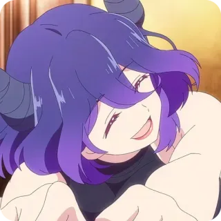 😄 animé, démon, cheveux violets, sourire, cornes telegram sticker