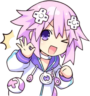 👌 Neptune Hyperdimension Neptunia Anime, Mangá, Video game, Fofo, Chibi, Kawaii, Personagem, Cabelo roxo, Piscadela whatsapp sticker
