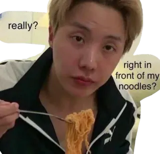 🤦‍♂️ J-Hope really? right in front of my noodles? Kpop, Noodles, Mangiare, Divertente, Meme whatsapp sticker