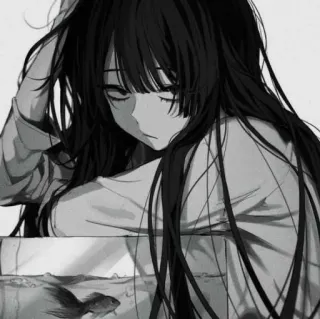 🖤 动漫女孩, 鱼, 抑郁, 悲伤, 黑白, 动漫, 漫画 telegram sticker