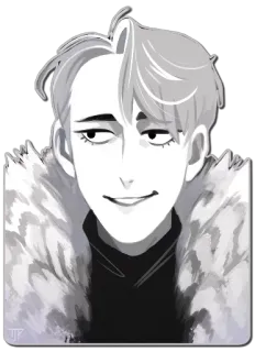😏 hombre, persona, sonrisa burlona, cuello de piel, escala de grises telegram sticker