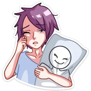 ☹️ เศร้า, ง่วง, ผู้หญิง, หมอน, ผมสีม่วง, เหนื่อย whatsapp sticker