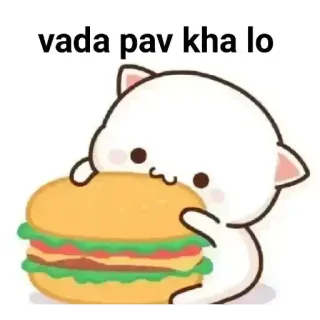 😋 vada pav kha lo comida, sándwich, dibujo animado, gato, animal, lindo whatsapp sticker