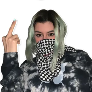 🖕 middle finger, offensive gesture, teen, woman, checkered bandana, portrait, grey hair telegram sticker