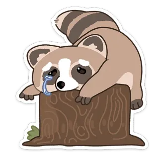 😔 rakun, sedih, menangis, tunggul pohon, kartun, stiker whatsapp sticker