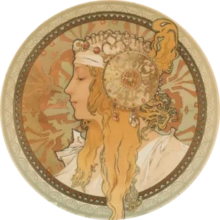🌺 Jugendstil, Frau, Alfons Mucha, Vintage, Porträt, Golden telegram sticker