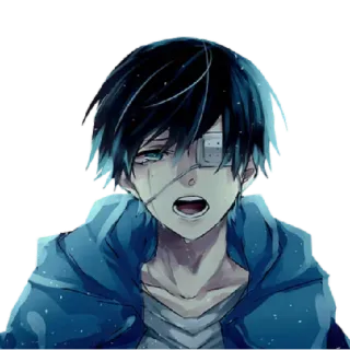 😎 Anime, ragazzo, triste, piangendo, benda sull'occhio, capelli blu telegram sticker