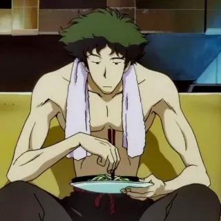🚀 Spike Spiegel Cowboy Bebop 스파이크 스피겔, 카우보이 비밥, 애니메이션, 캐릭터, 먹기 whatsapp sticker