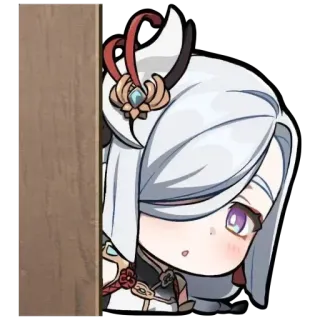 🤔 Shenhe Genshin Impact Anime, Videospiel, Weiße Haare, Violette Augen, Peek, Kawaii, Chibi whatsapp sticker