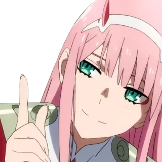 😏 Zero Two Darling in the Franxx anime, girl, pink hair, peace sign, kawaii telegram sticker