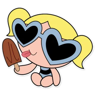 😎 Bubbles The Powerpuff Girls cartone animato, ghiacciolo, occhiali da sole, spiaggia, estate telegram sticker