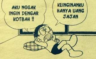 💸 Doraemon AKU NGGAK INGIN DENGAR KOTBAH !! KEINGINANKU HANYA UANG JAJAN doraemon, comic, cartoon, indonesian whatsapp sticker