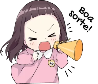 ☺️ Boa sorte! Viel Glück, Anfeuern, Cartoon, Süß, Mädchen, Megafon, Ermutigung, Unterstützung whatsapp sticker