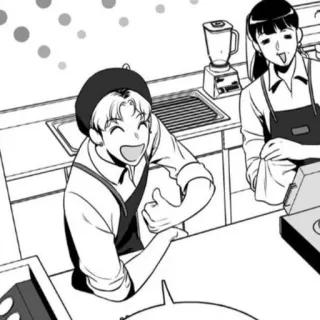 ✉️ man, woman, cafe, work, kitchen, smiling, beret telegram sticker