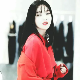 🏮 女人, 肖像, 韩, 红衬衫, 美丽, 头发 telegram sticker