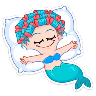 ☺️ putri duyung, kartun, tidur, bantal, rol rambut, lucu, stiker telegram sticker