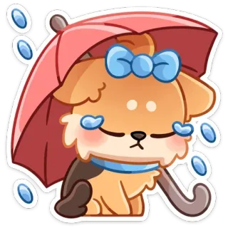 ☔ chien, chiot, parapluie, pluie, mignon, dessin animé, autocollant telegram sticker