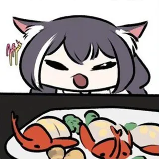 🍲 девушка-кошка, аниме, мультфильм, креветка, еда whatsapp sticker