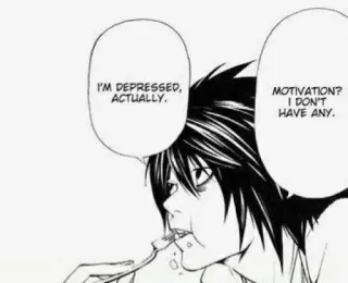 😔 L Lawliet Death Note I'M DEPRESSED, ACTUALLY. MOTIVATION? I DON'T HAVE ANY. Anime, Manga, Depressione, L, Lawliet, Mangiare, Personaggio telegram sticker