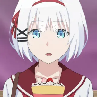 🍁 anime, garota, cabelo branco, laço vermelho, sobremesa telegram sticker