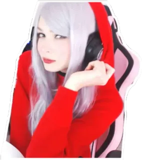 😏 여자, 게이머, 헤드폰, 빨간 후드티, 의자, 여성, 사람 whatsapp sticker