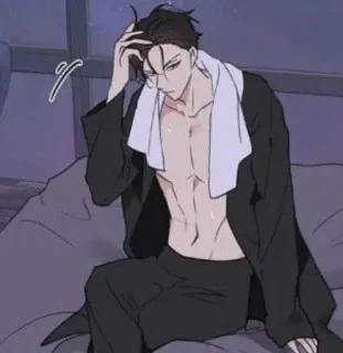😒 uomo, anime, camera da letto, accappatoio, senza maglietta, asciugamano telegram sticker