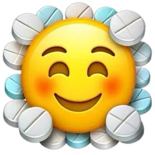 ☺️ Emoji, Thuốc viên, Thuốc men, Ma túy, Mặt cười, Màu vàng, Dược phẩm whatsapp sticker