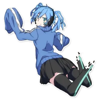 😉 chica anime, pelo azul, auriculares, dibujo animado, personaje, pegatina whatsapp sticker
