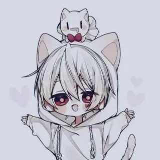 🤗 Garçon animé, Oreilles de chat, Kawaii, Chibi, Mignon, Sweat à capuche, Cheveux blancs, Yeux rouges telegram sticker