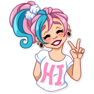 👋 HI Cartoon, Sticker, Mädchen, Friedenszeichen, pinke Haare, blaue Haare, Gruß telegram sticker