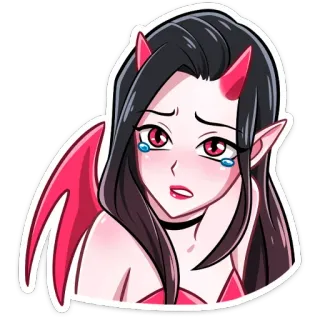😭 demon, crying, anime, cartoon, girl, devil, horns, wings whatsapp sticker