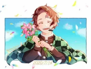 🍃 Tanjiro Kamado Demon Slayer 2020/7/14 anime, Demon Slayer, Tanjiro, flores, sonriendo whatsapp sticker