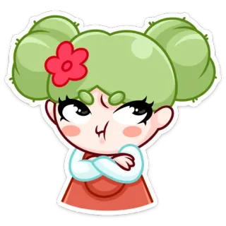 🌵 sticker, fille, dessin animé, mignon, en colère, boude, cheveux verts telegram sticker