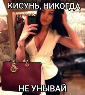 🌟 КИСУНЬ, НИКОГДА
НЕ УНЫВАЙ ผู้หญิง, เซลฟี่, รัสเซีย, แรงบันดาลใจ, แฟชั่น, กระเป๋า telegram sticker