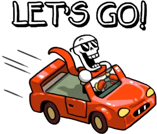 😀 Papyrus Undertale LET'S GO! squelette, voiture, conduite, lunettes de soleil, rouge telegram sticker