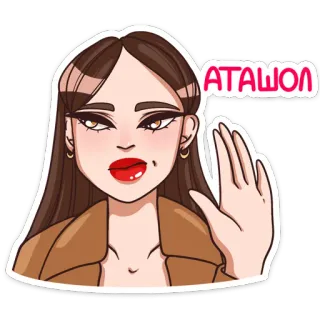 ⛔️ ATALSHON donna, bruna, rossetto, cartone animato, ragazza, salutando, gesto whatsapp sticker