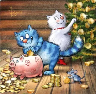 🎄 cat, piggy bank, money, mouse, christmas tree, coins, saving, celebration telegram sticker