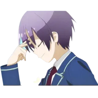 ✌️ อนิเมะ, เด็กผู้ชาย, กำลังคิด, ผมสีม่วง, ชุดนักเรียน telegram sticker