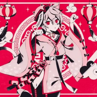 🍄 Аниме, Кот, Красный, Иллюстрация, Фонарь, Облака, Традиционный, Каваий telegram sticker