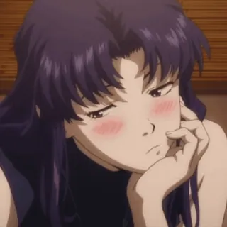 🌸 Misato Katsuragi Neon Genesis Evangelion animé, fille, ennuyée, cheveux violets, pensif whatsapp sticker