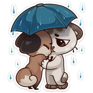 ☔ chien, chat, parapluie, pluie, triste, mignon, dessin animé, autocollant telegram sticker
